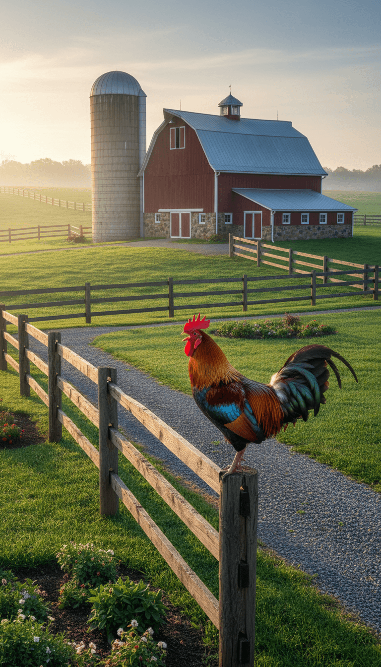 Pristine rural Kentucky farm at sunrise with a red barn, rooster, and neat grounds.
