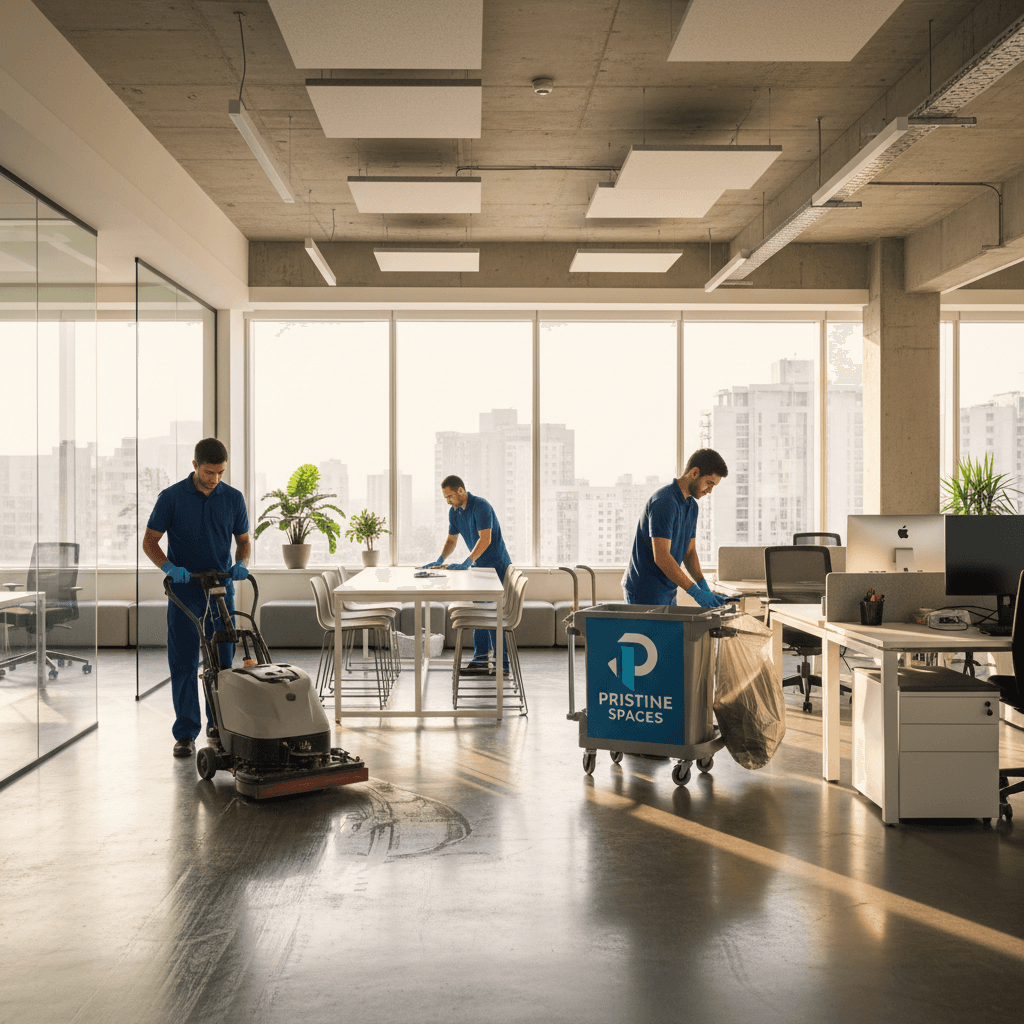 Professional cleaning team in commercial office