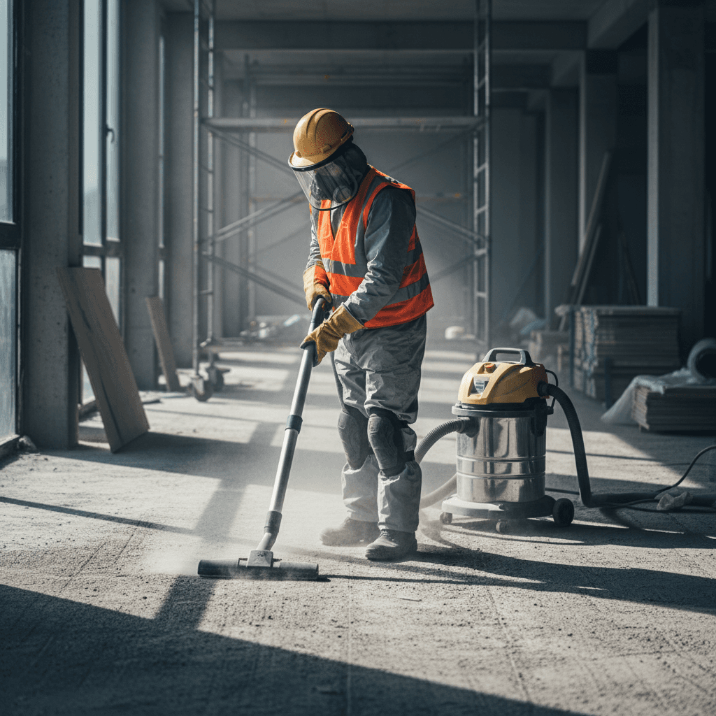 Construction worker vacuuming dust and debris from a concrete floor