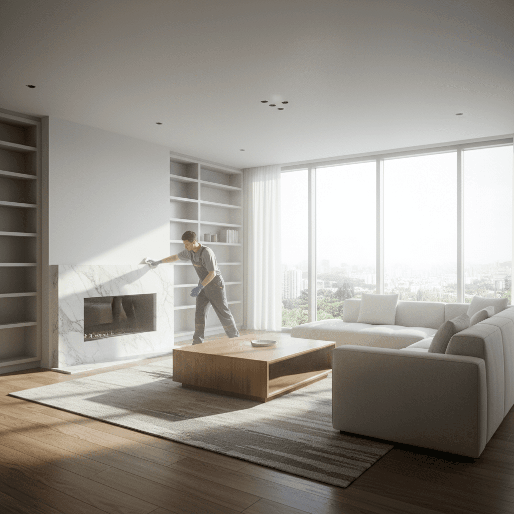 Cleaner wiping down a fireplace mantel in a bright living room
