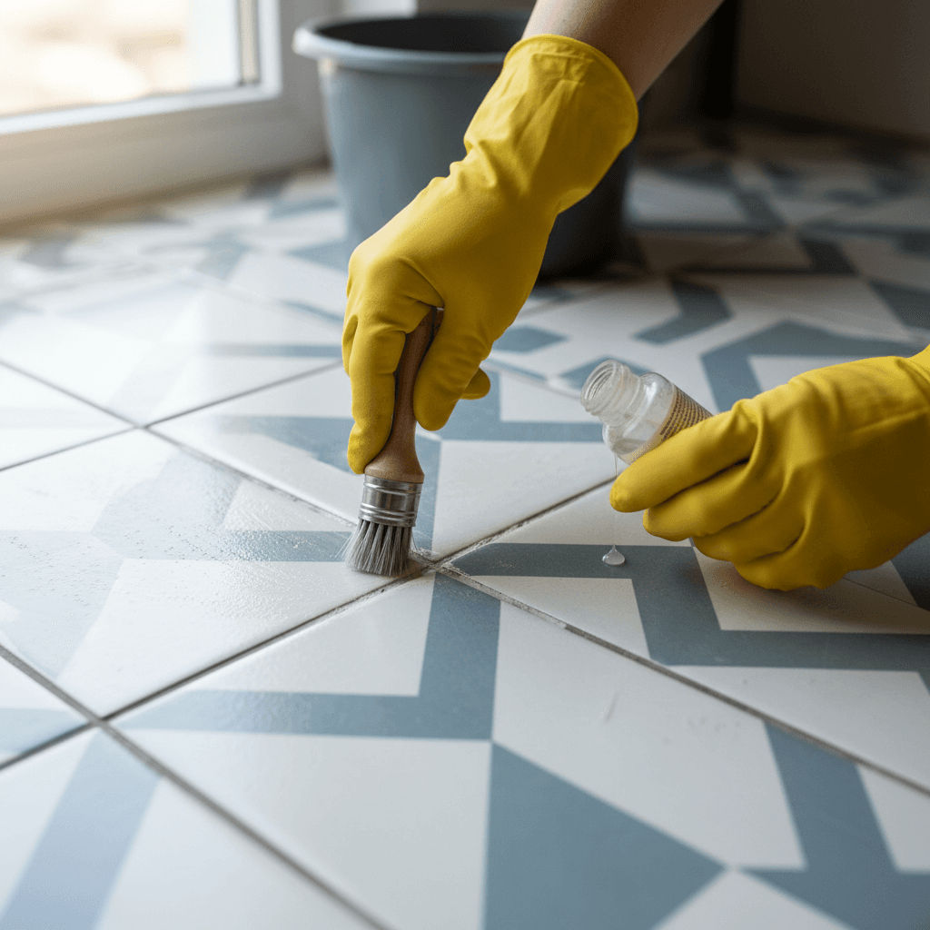 Close-up of hands cleaning grout lines with a detailed brush