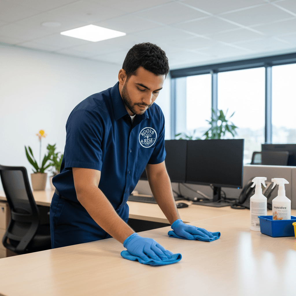Professional cleaner polishing a commercial office desk with microfiber cloth