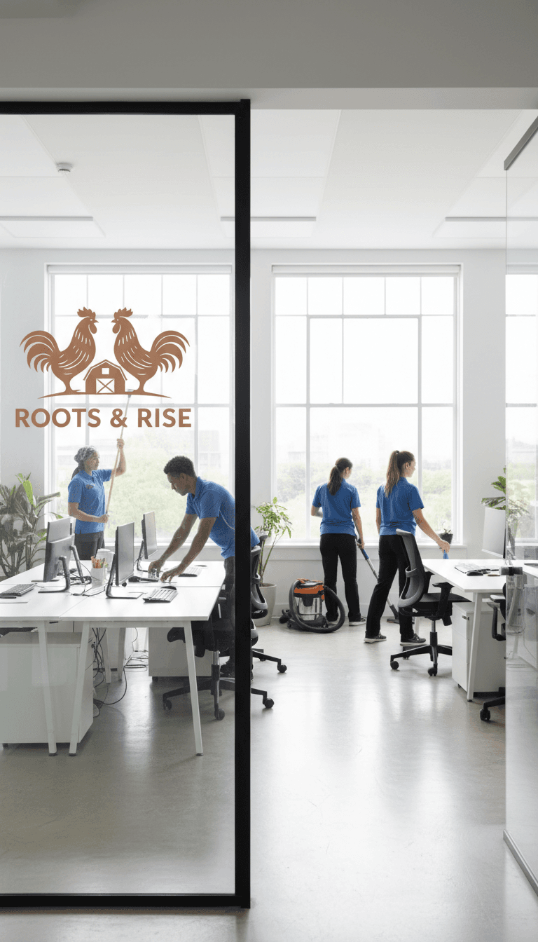 Professional cleaners in a modern office with a logo showing roosters and a barn