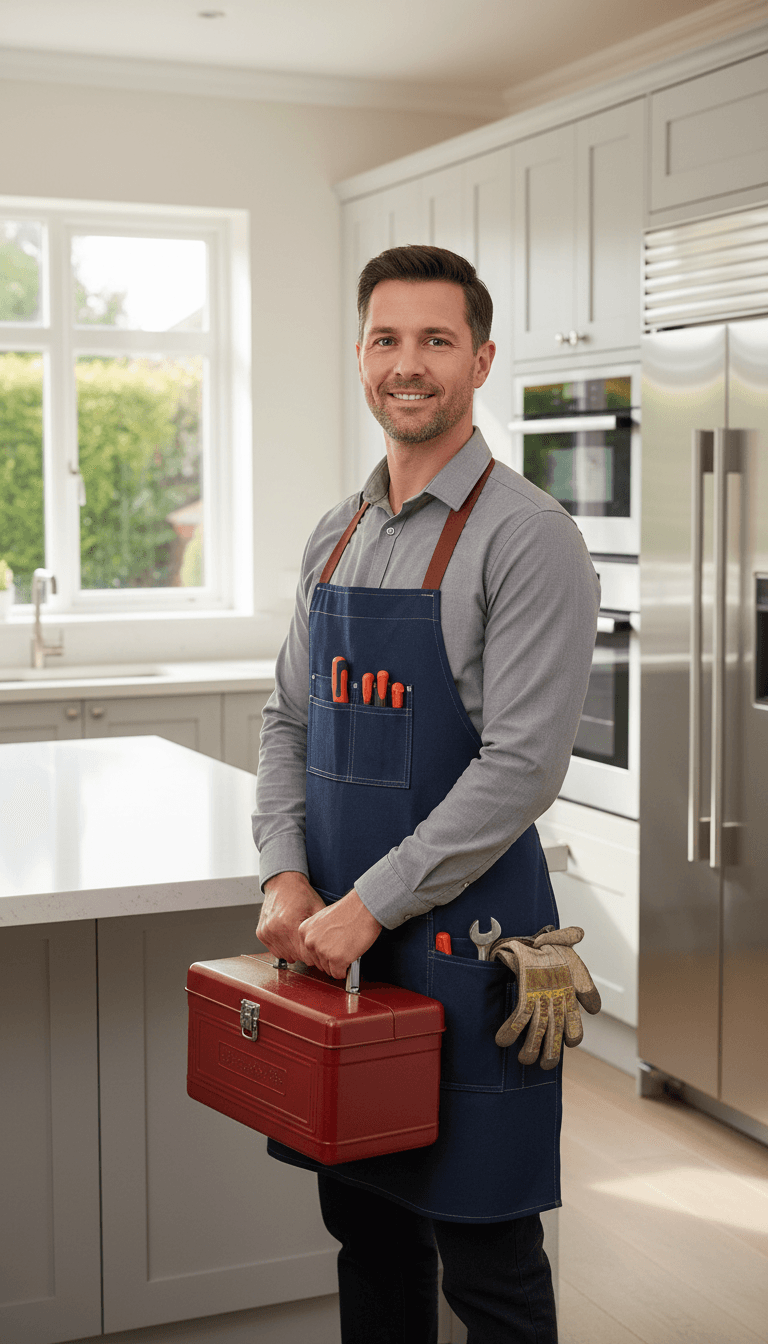 Friendly home maintenance technician with toolbox standing in modern clean kitchen