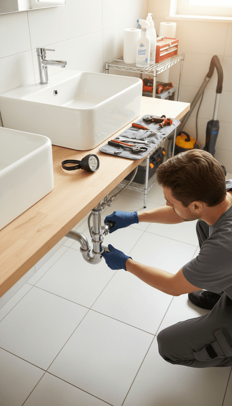 Maintenance technician repairing residential bathroom plumbing fixture under sink with tools and supplies visible