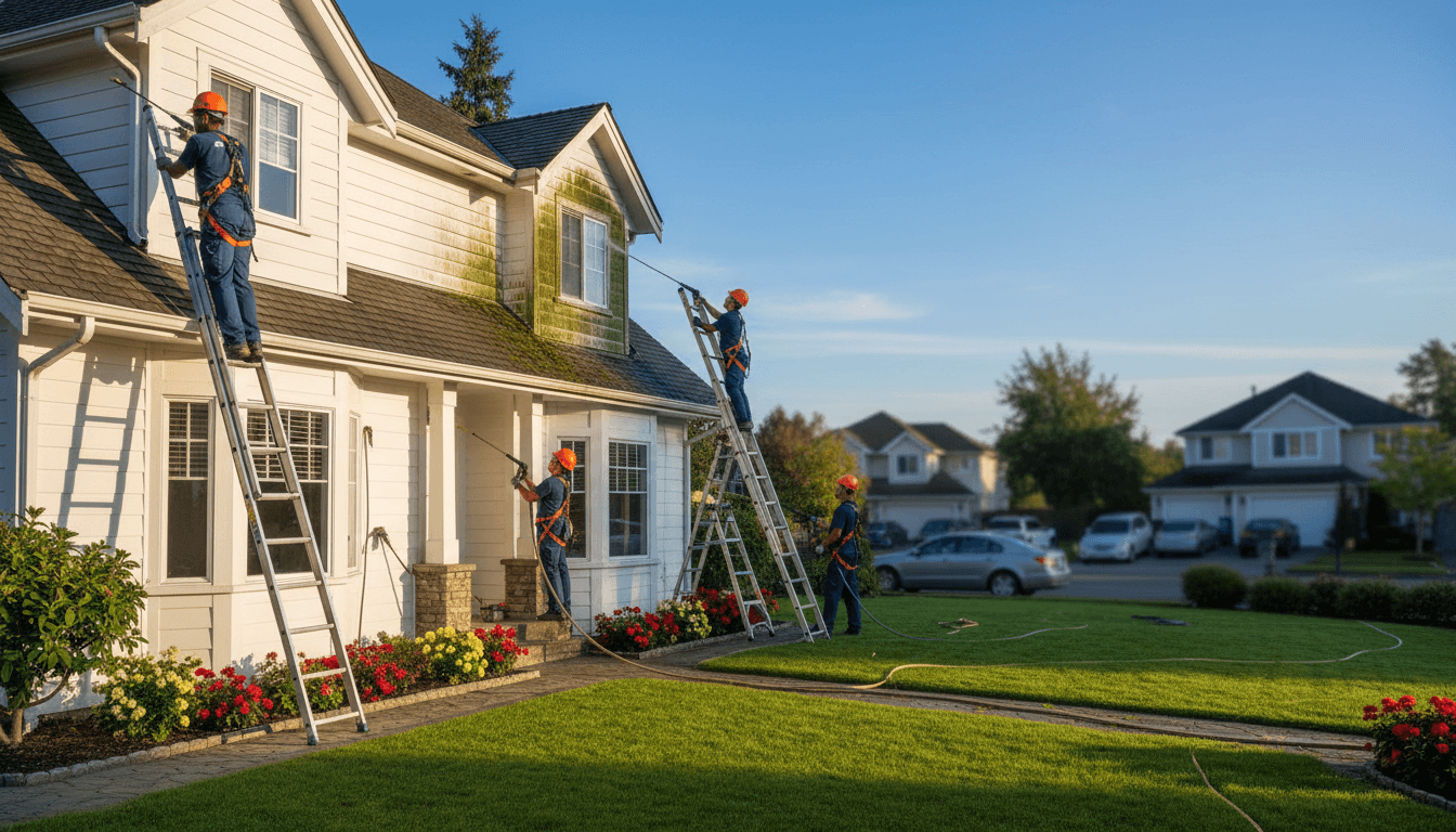 Professional cleaning team pressure washing residential house exterior on sunny day, showing before-and-after transformation