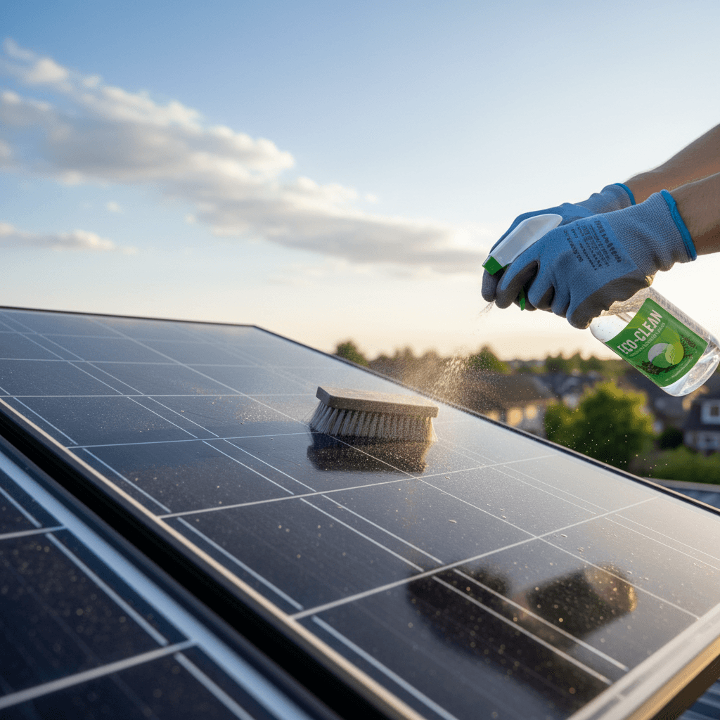 Professional technician cleaning a residential solar panel with brush and eco-friendly solution during golden hour sunlight