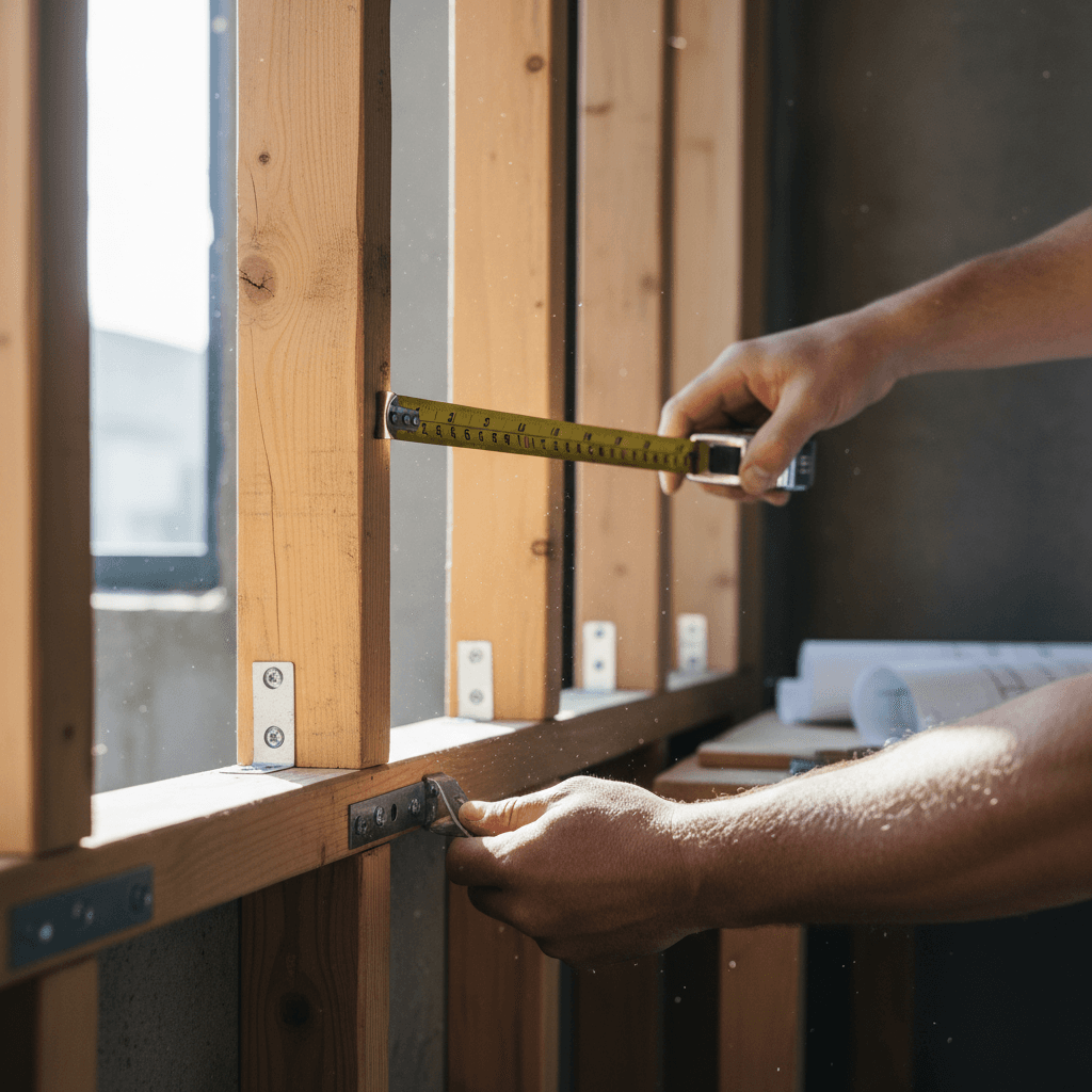 Skilled builder hands measuring interior wall framing with measuring tape during construction phase