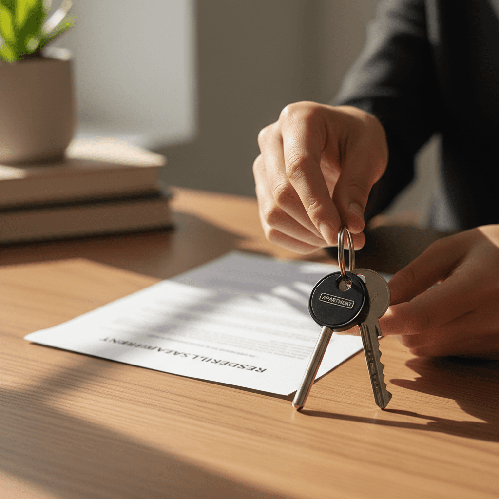 Close-up of apartment keys and lease agreement on desk, representing property handover and residential rental transaction