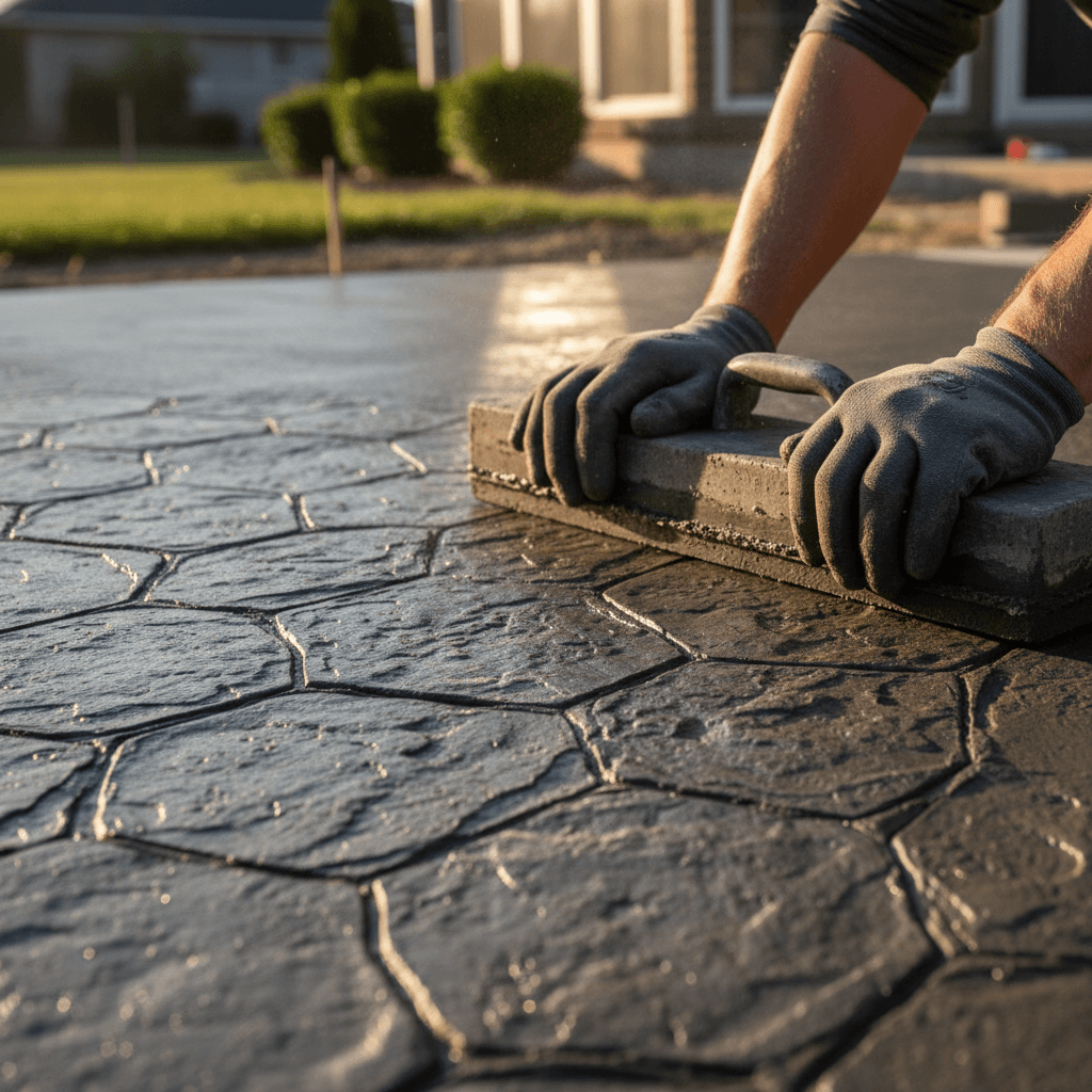 Concrete finisher's hands pressing specialized stamp tool into wet concrete to create stone pattern texture on patio