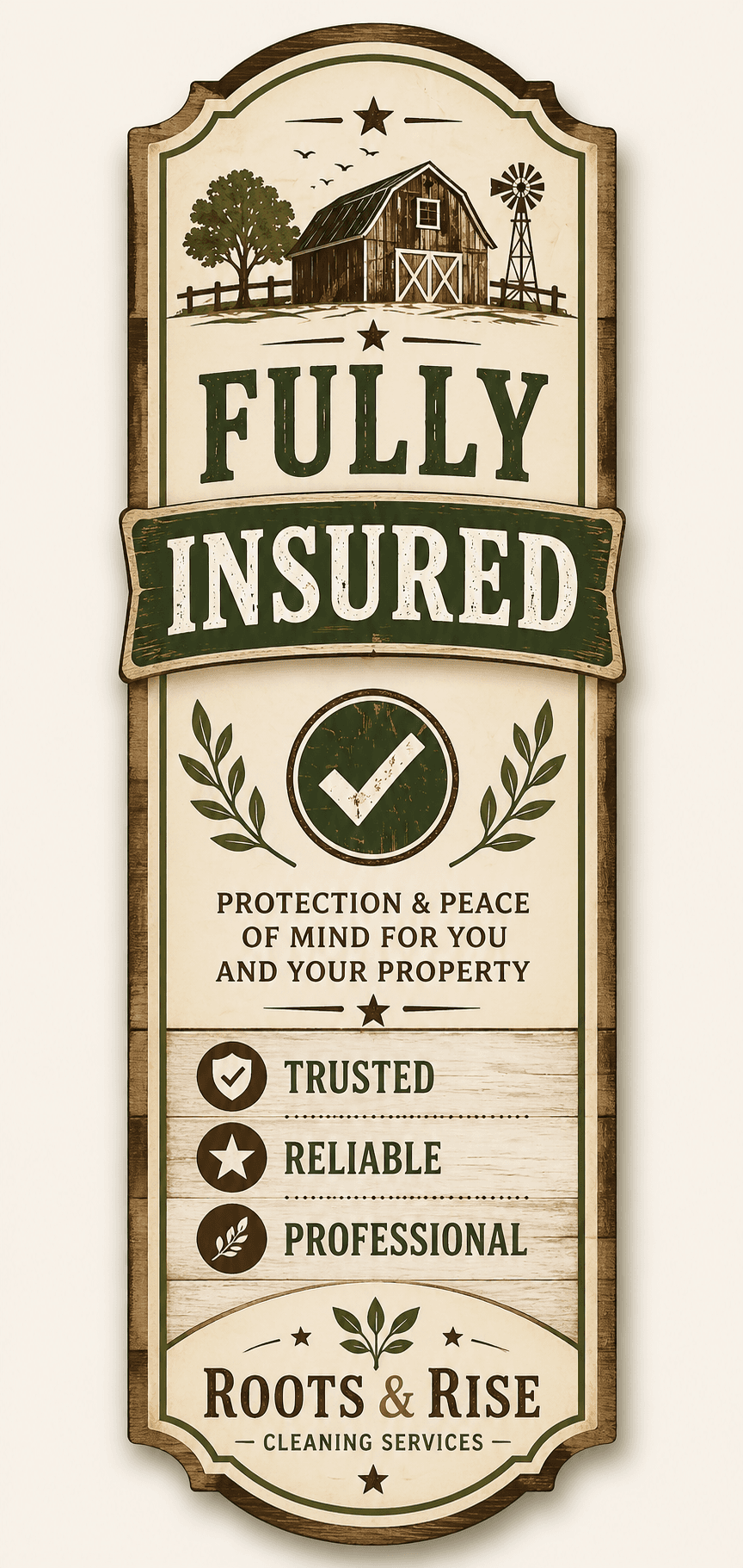 Vintage Roots & Rise Cleaning Services sign with farm graphics and 'Fully Insured' text.